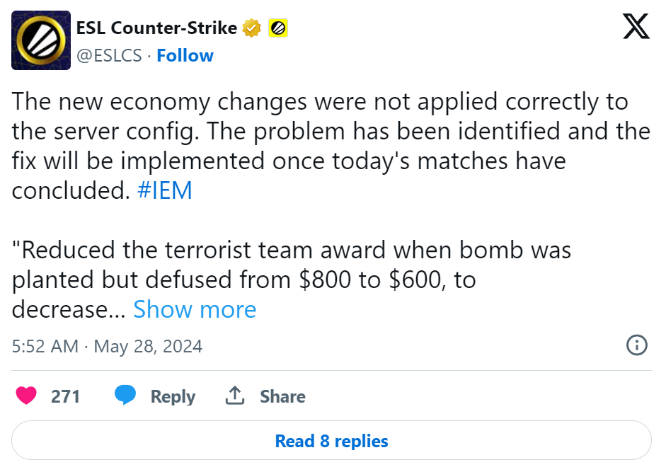 В конце игрового дня IEM Dallas ESL сообщил о проблеме с экономикой в игре — изображение 2