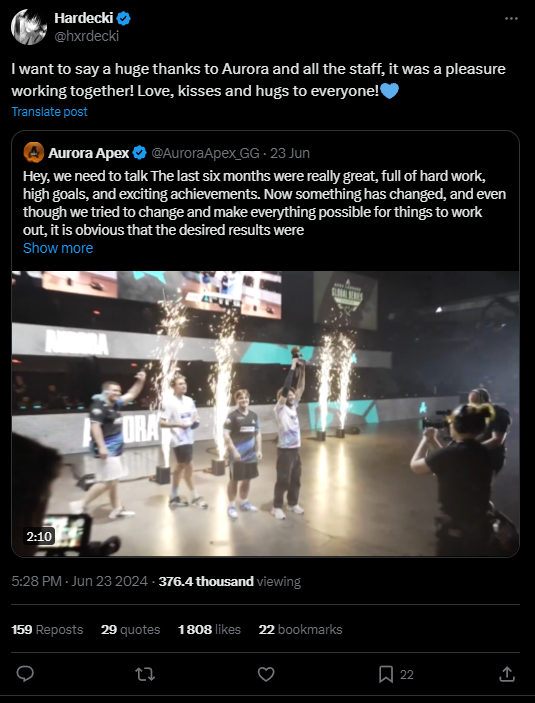 Hardecki покидает состав Aurora Apex в неожиданном ходеn — изображение 4